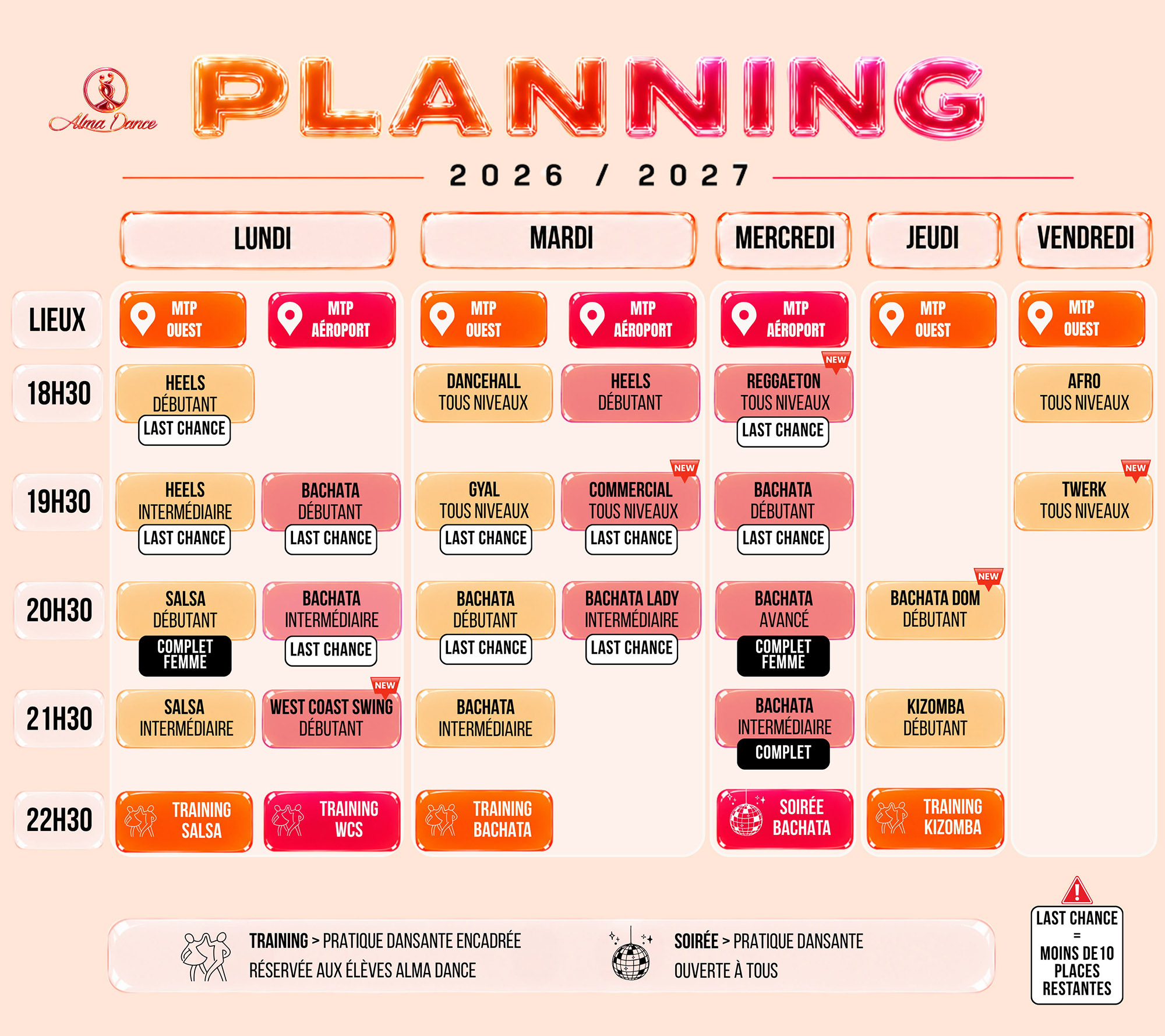 bachata salsa heels montpellier Planning des cours de danse 2026/2027 Alma Dance